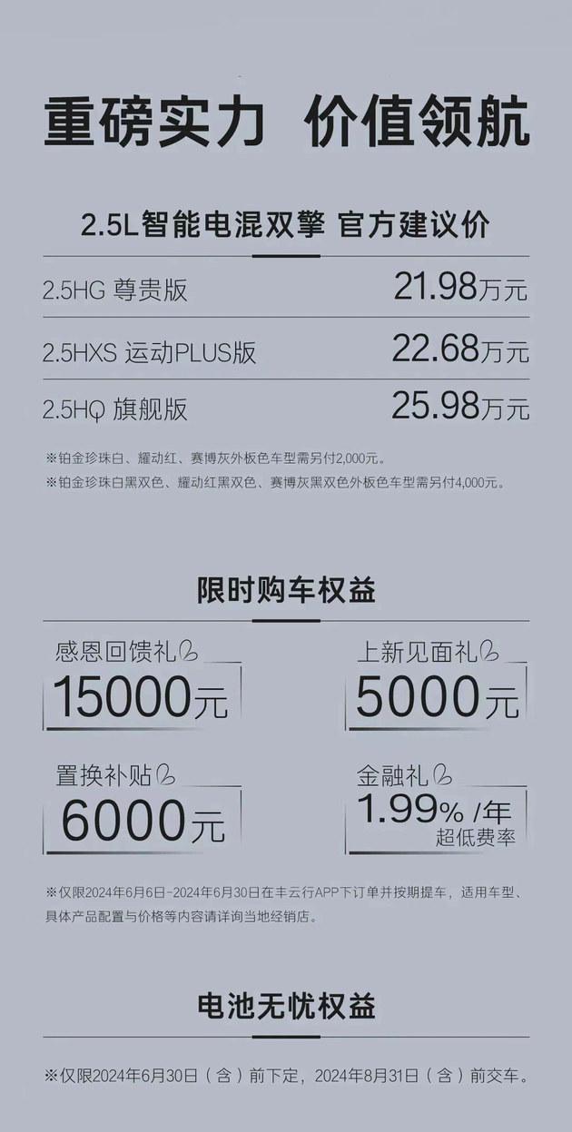 凱美瑞2.5L混動車型上市 售價區間為21.98-25.98萬元
